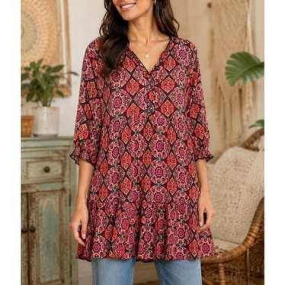 Natural Life Bohemian Multicolor Floral Tunic Mini Dress Small Colorful Boho
